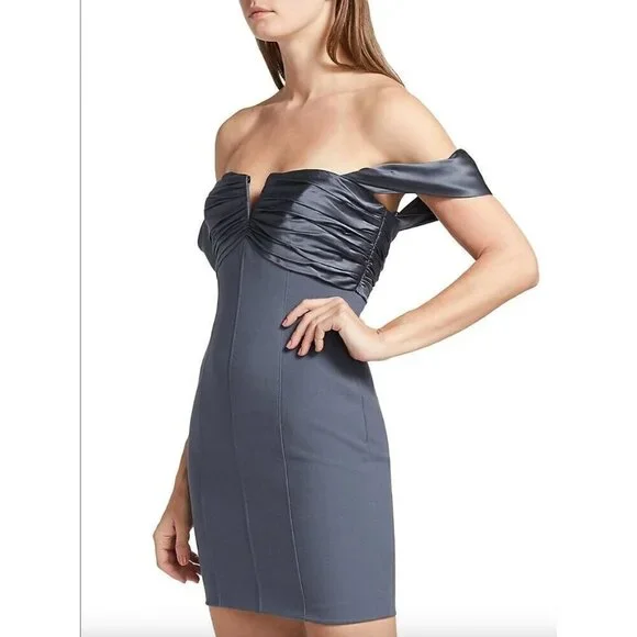 CINQ À SEPT Teo Ruched Satin Sheath Mini Dress Blue Womens Size 14 - Picture 4 of 12